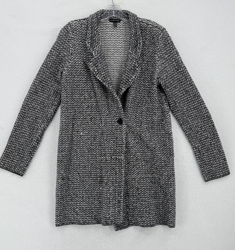 Eileen Fisher Black White Knit Notch Collar Single Button Blazer Coat Sz S